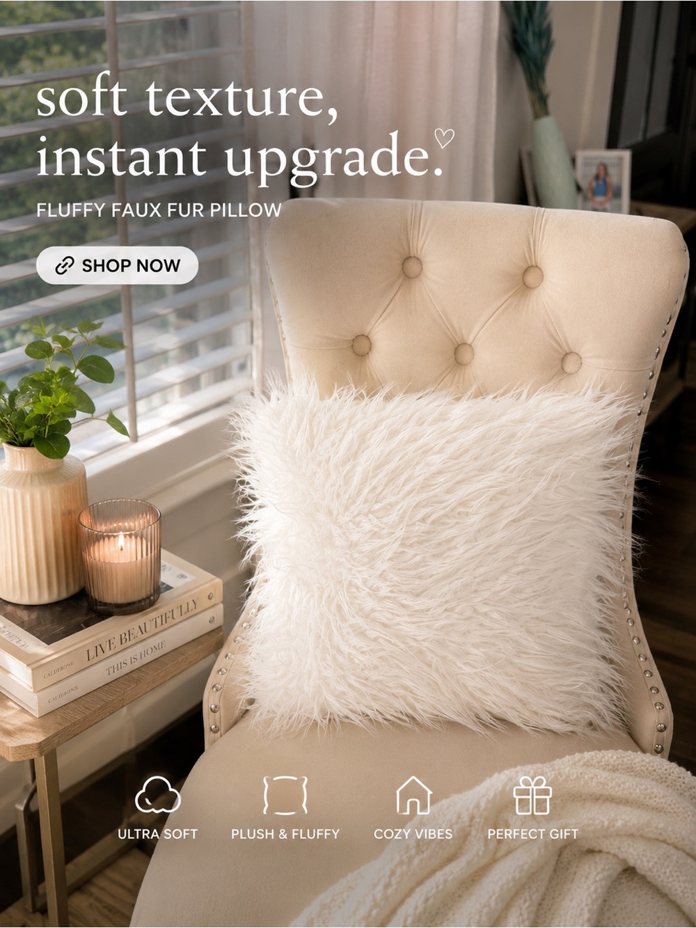 White Faux Fur Accent Pillow | Ultra Soft Cozy Home Decor